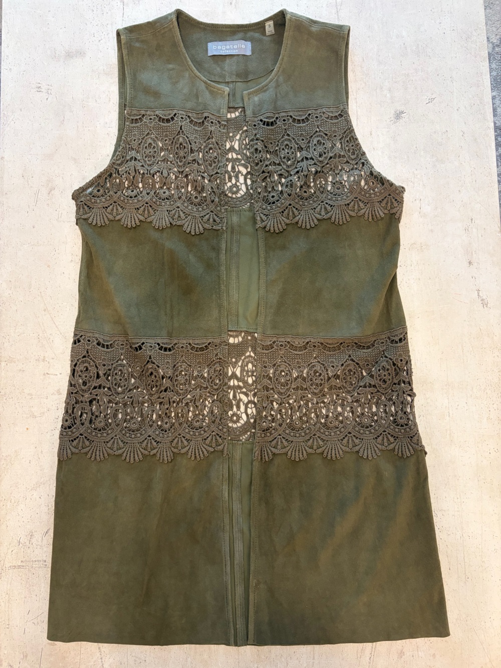 Bagatelle Collection S Olive Genuine Leather Crochet Lace Long Vest Boho Duster - Picture 5 of 10